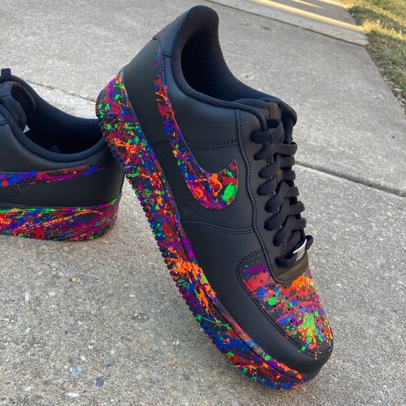 ? Nike Air Force 1 Custom Low Multi Color Splatter Swoosh Black Shoes Sneakers main image 12